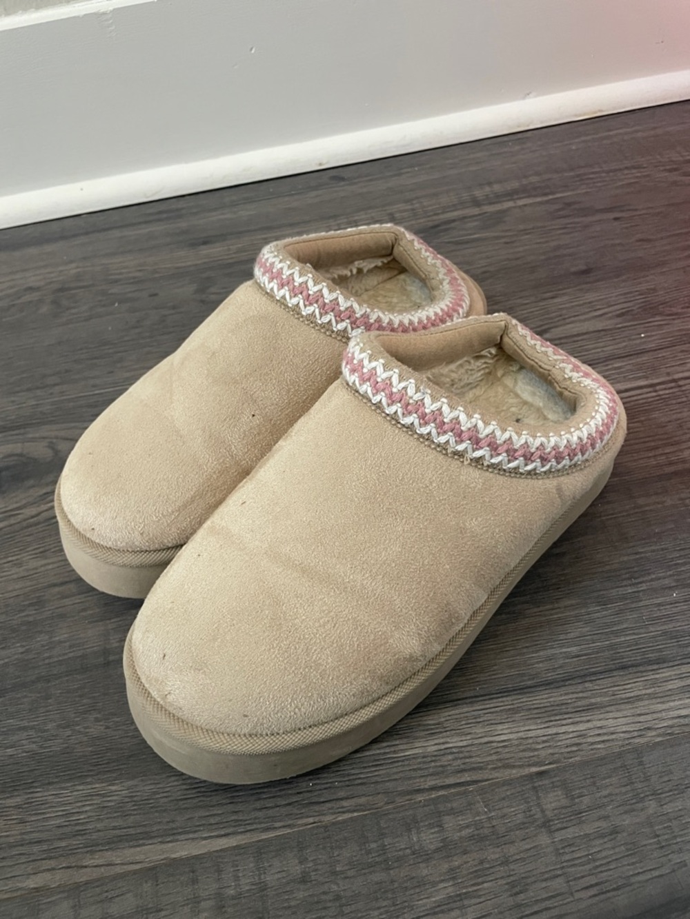 Haute Hippie Tan Faux-Suede Mule Slippers with Pink Trim